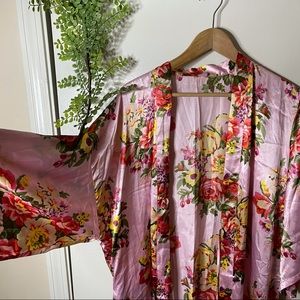 baby pink floral silk tie robe